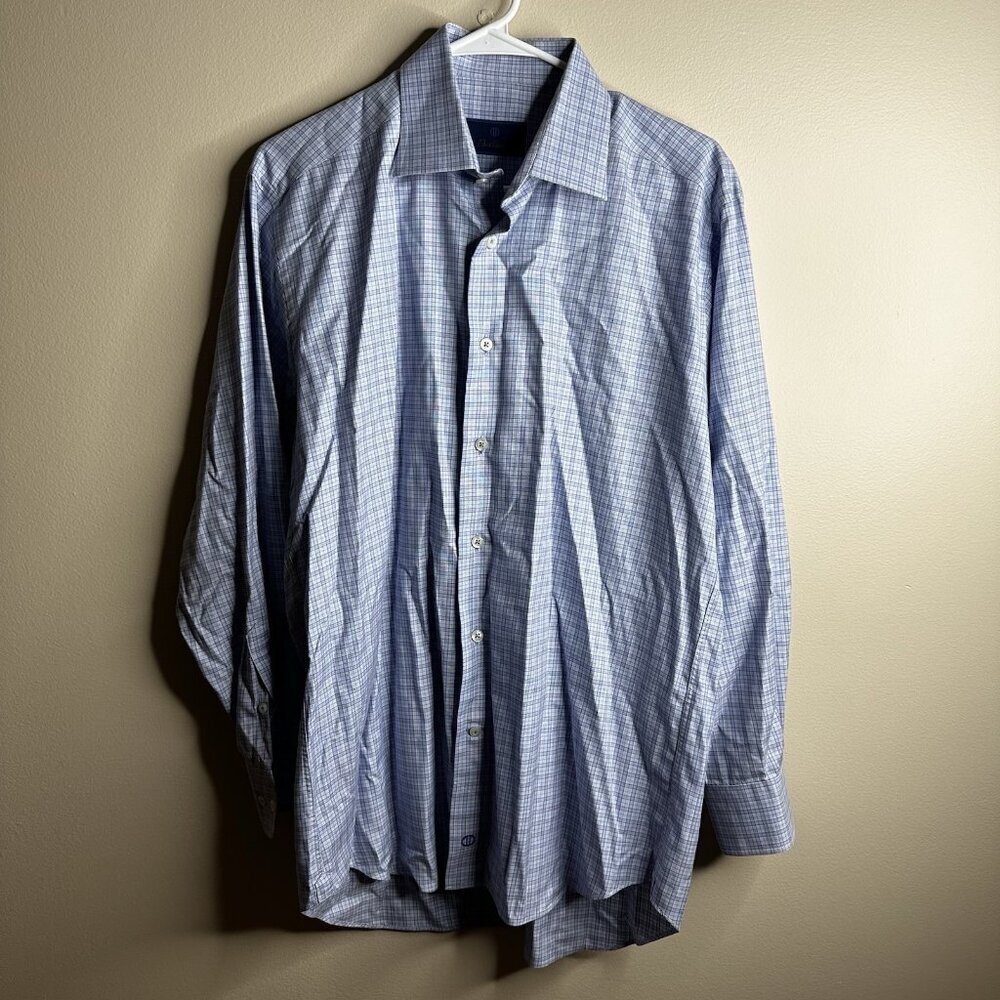 David Donahue Shirt Mens Sz 16 32/33 Blue Plaid Check Button Down Collared Shirt